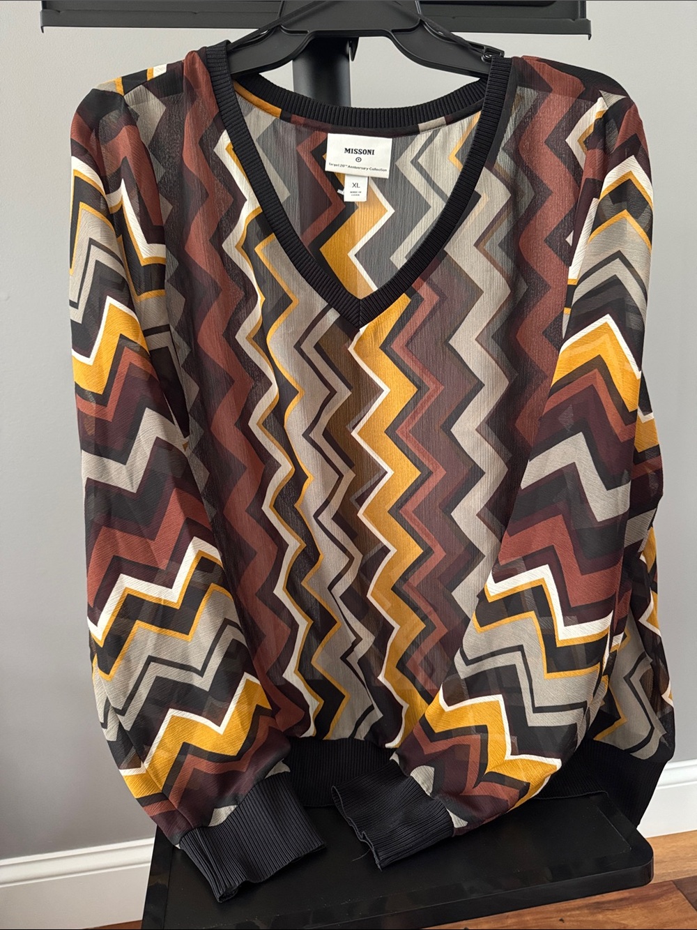 Missoni Multicolor Zigzag V-Neck Sheer Blouse in Mustard, Brown & Black